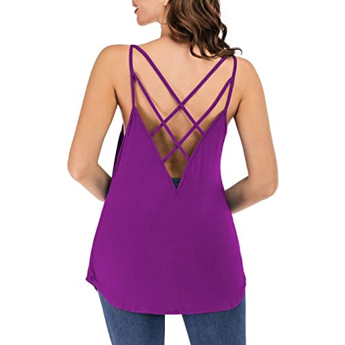 Women's Cute Criss Cross Back Tank Tops Loose Hollow Out Camisole  Shirt(Purple,XL)