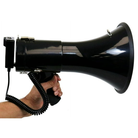 DEEJAY LED High Performance 13-1/2-in PA Megaphone with Hanging Mic, SD Card Play, Aux Input, USB Input, Siren, Recorder 50 Watt Output Max LED Status Indicator lights DEEJAY LED TBHMEGAPHONE