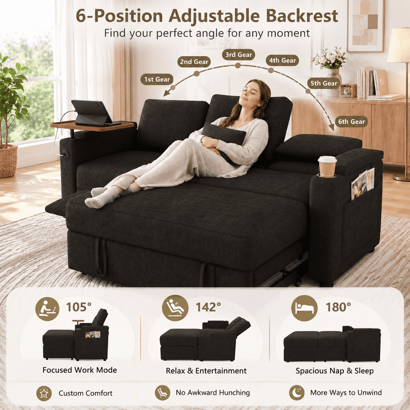 3-in-1 Convertible Sofa Bed, 3-Seater Chenille Couch with Adjustable Backrest, USB Charging Ports, Table Board and Storage Armrests, 81'' Foldable Sleeper Sofa for Living Room
