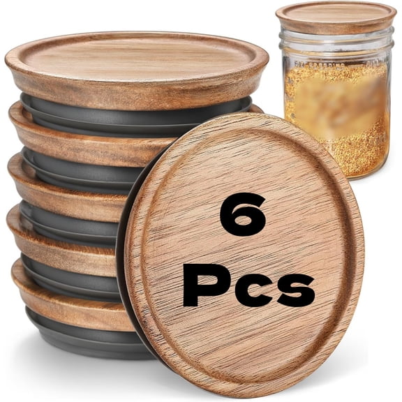 LQQBOX 6-Pcs Regular Mouth Wooden Jar Lids Natural Wood, Food-Grade Material, 100% Fit & Airtight for Regular Mouth Jars (6PCS-Regular)
