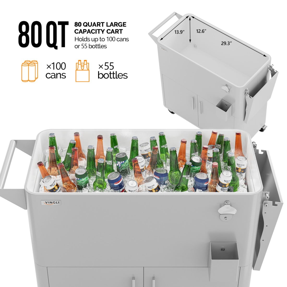 Hassch 80QT Rolling Cooler w/ Storage Cabinet & Foldable Side Panel, Outdoor Warm & Cooling Party Cart with Lockable Wheels, Bottle Opener & Drain Hole, for BBQ, Backyard, Poolside, Light Gray