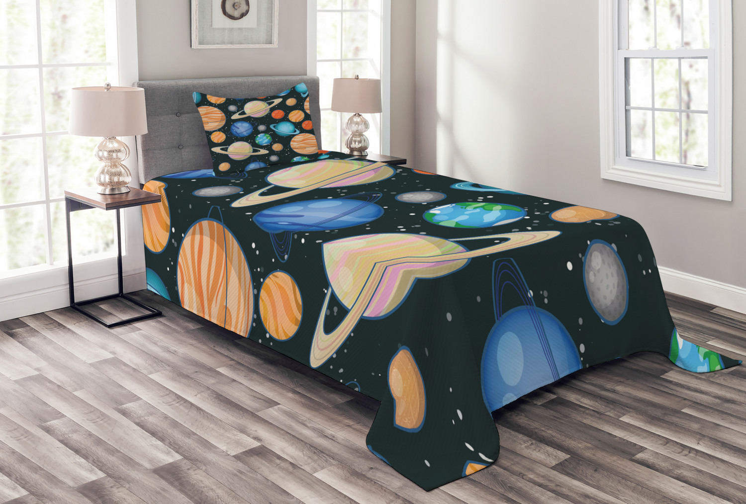 Twin//XL Twin Smart Linen Kids Bedspread Set Coverlet Solar System Space Planets Galaxy Navy Yellow Teal Blue New # Bedspread Little Galaxy