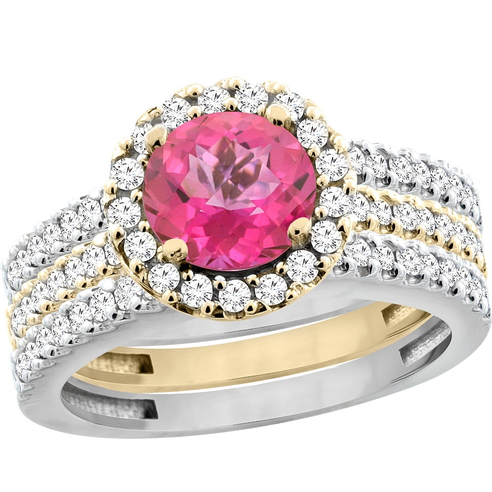 10K Gold Natural Pink Topaz 3-Piece Ring Set Two-tone Round 6mm Halo Diamond, size 6 by Gabriella Gold