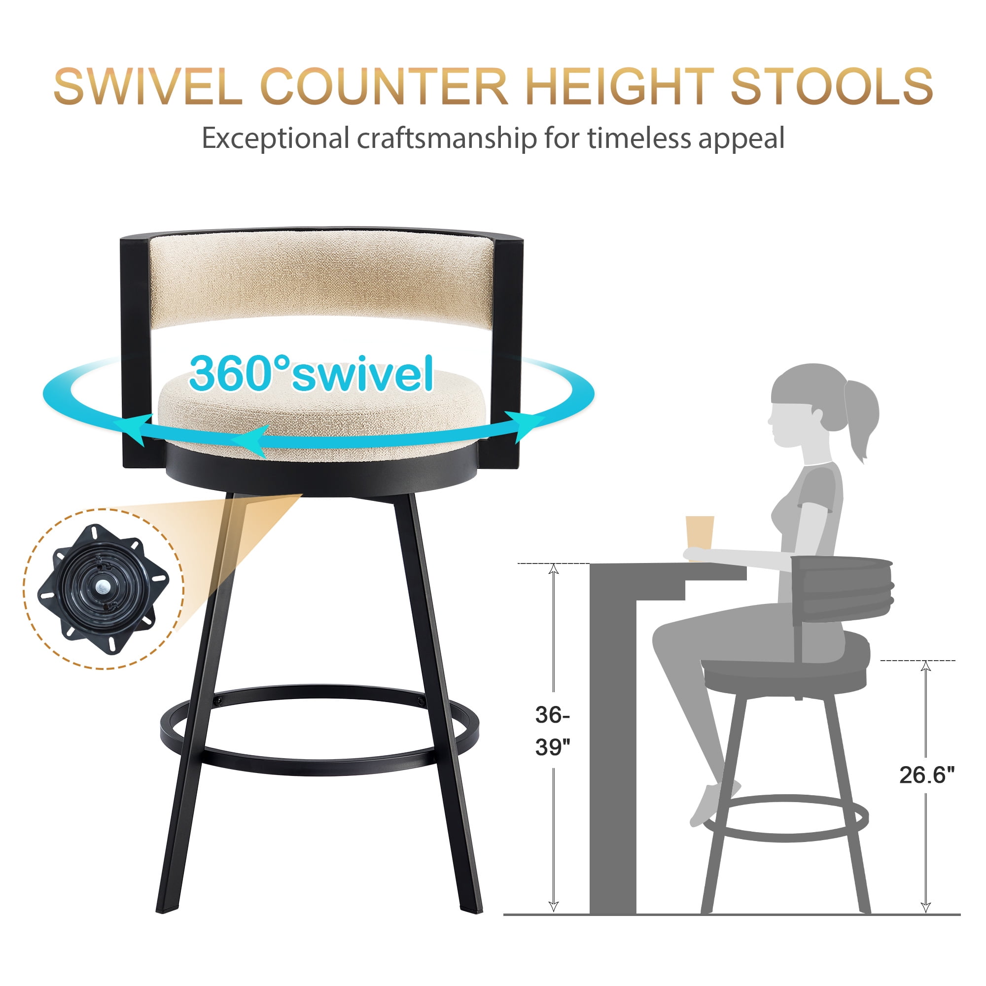 Zesthouse 26.6″ Swivel Bar Stools Set of 2, Linen Upholstered Counter Stools with Barrel Back and Metal Legs, Modern Counter Height Barstools for Kitchen Island, Beige