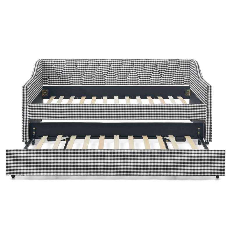 Twin Size Daybed with Pop Up Trundle, Gingham Upholstered Daybed Frame with Tufted Button Backrest and Side Storage Pocket, Modern Sofa Bed for Living Room Bedroom