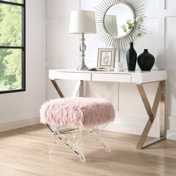 Inspired Home Malia Faux Fur and Acrylic X Leg Ottoman Stool Rose