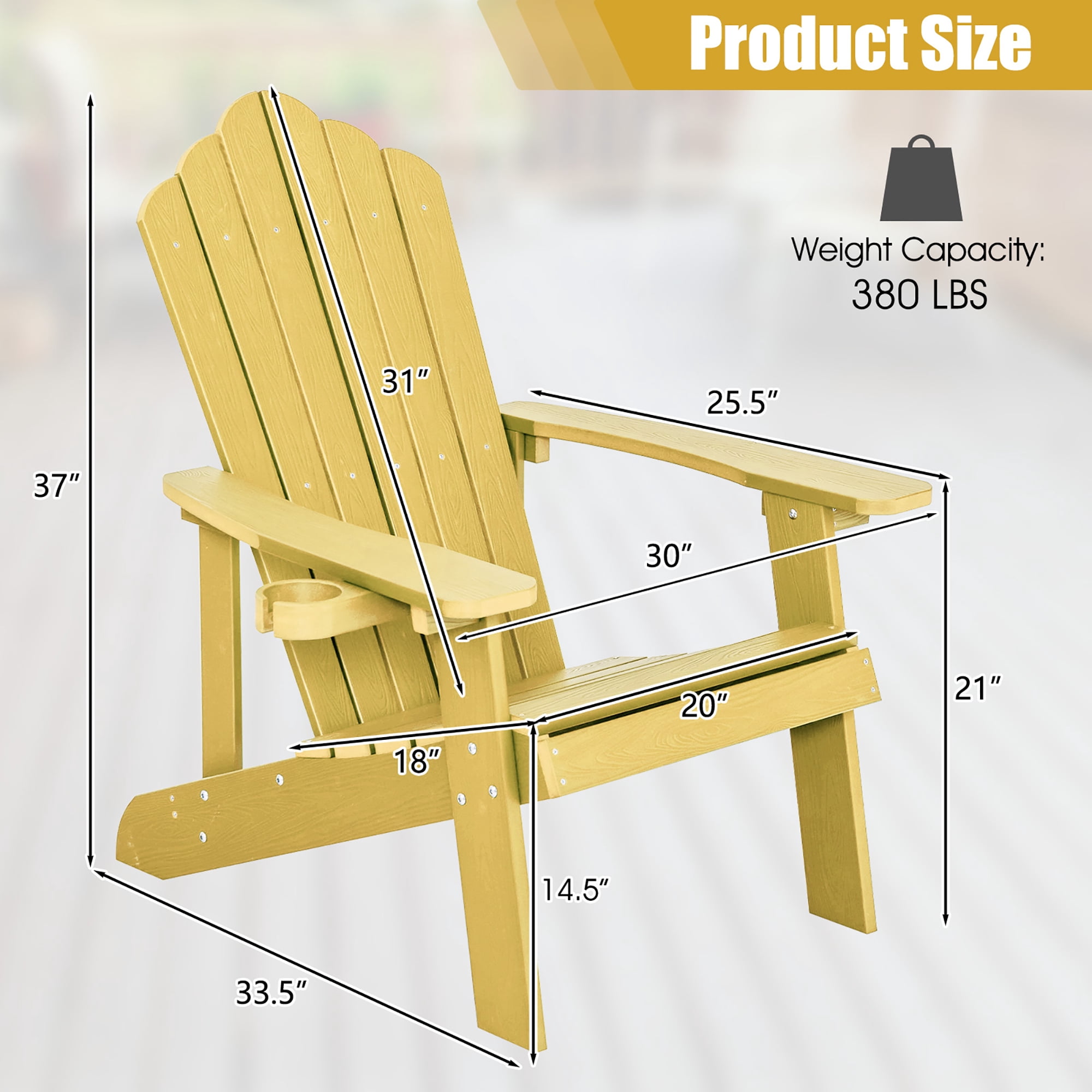 Costway Patio HIPS Adirondack Chair with Cup Holder Weather Resistant Outdoor 380LBS Yellow