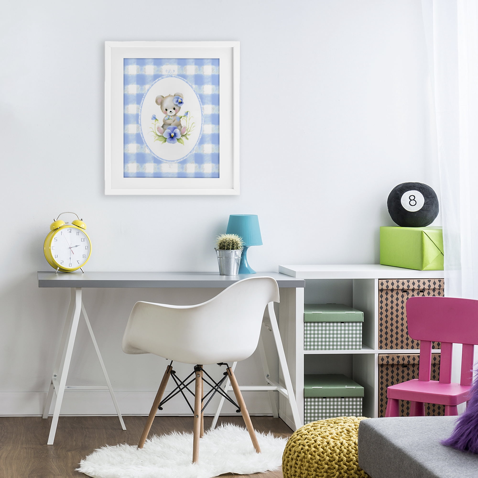 Stupell Industries Little Bear Blue Gingham White Framed Print Under Glass, design by Arlington Prints