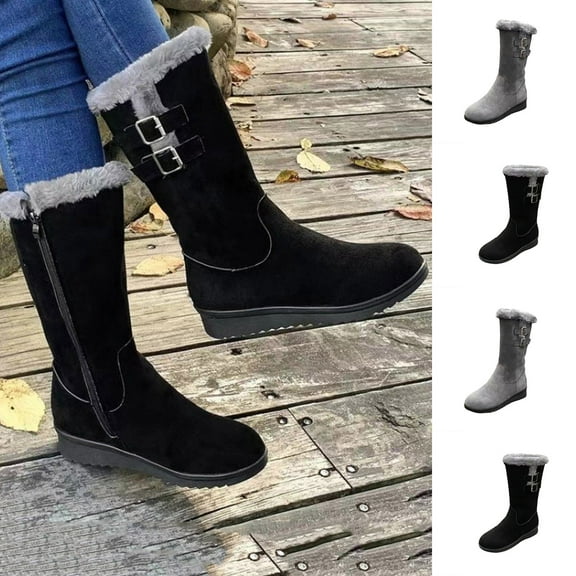 Winter Mid-Calf Boots Women's Trendy Thick-Soled Solid Color Thickened Velvet Round Toe Snow Boots Comfortable Warm Wide-Leg Shoes with Side Zipper