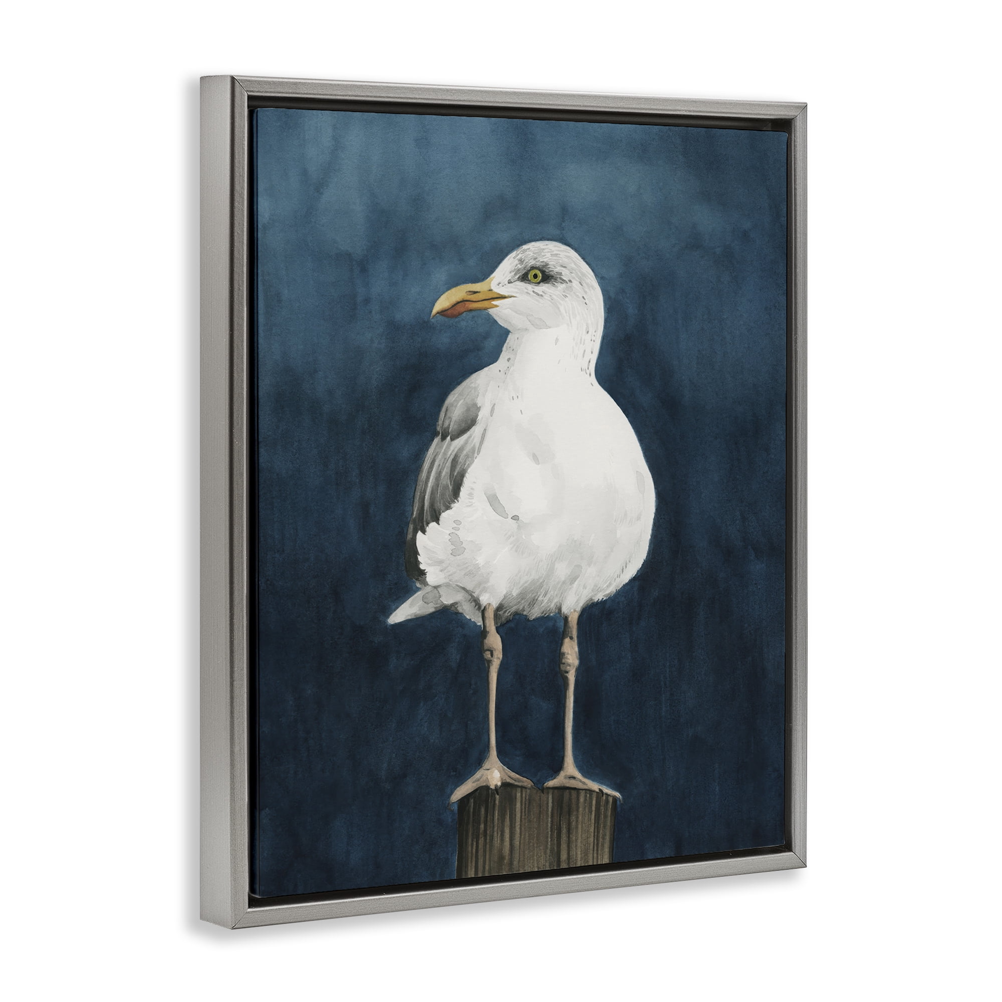 Stupell Industries Perched Coastal Bird Animals Painting Gray Floater Framed Canvas Art Print Wall Art, 25 x 31