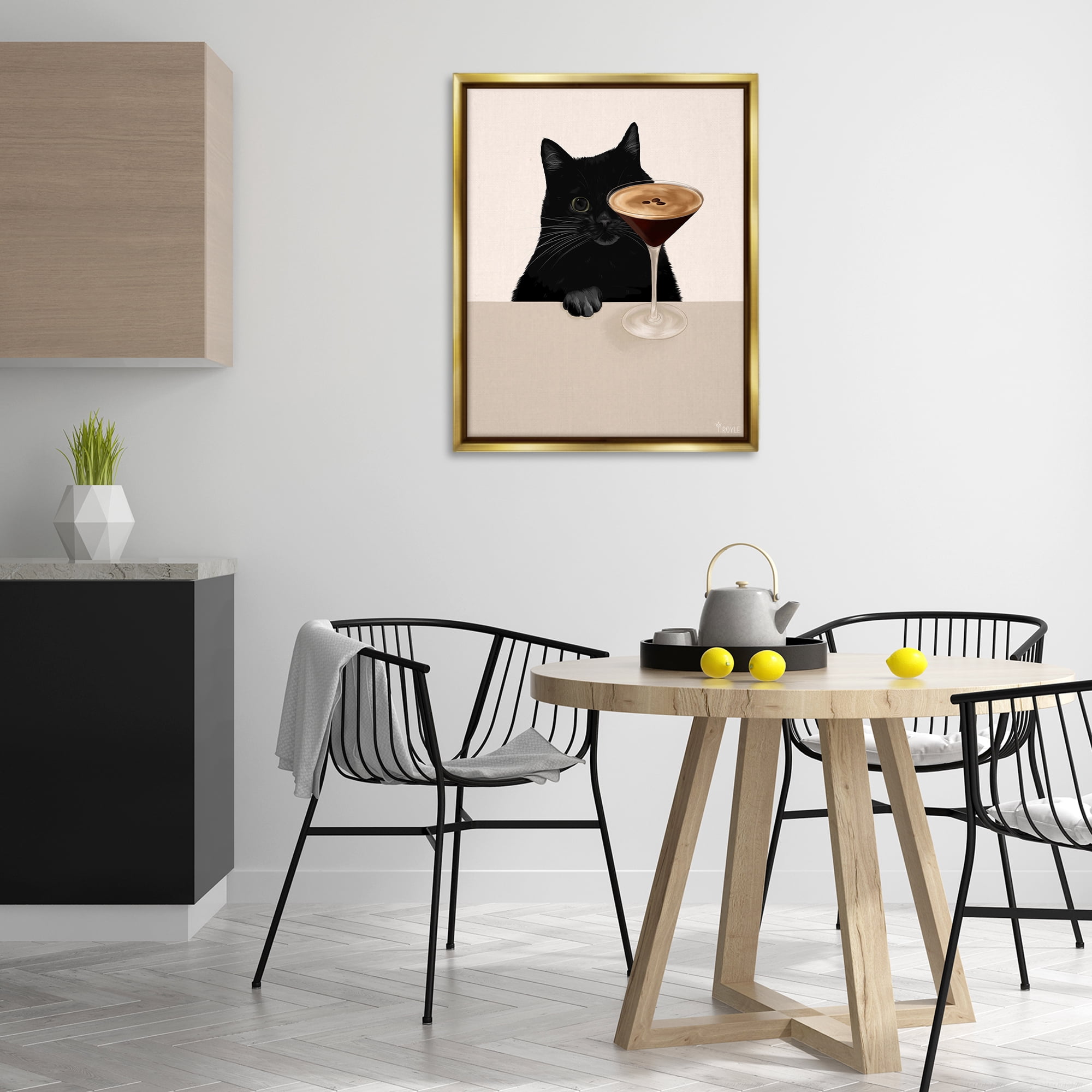 Stupell Industries Cat & Espresso Martini Food & Beverage Painting Gold Floater Framed Art Print Wall Art, 25 x 31