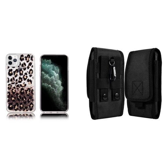 Liquid Glitter Case for iPhone 14 Pro and Belt Holster Pouch - Leopard