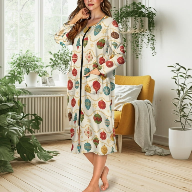 ForUDesigns for U Designs Christmas Ball Pattern Womens Nightgown Lightweight House Dresses for Women with Pockets, Soft Zip Up Long Sleeve Duster