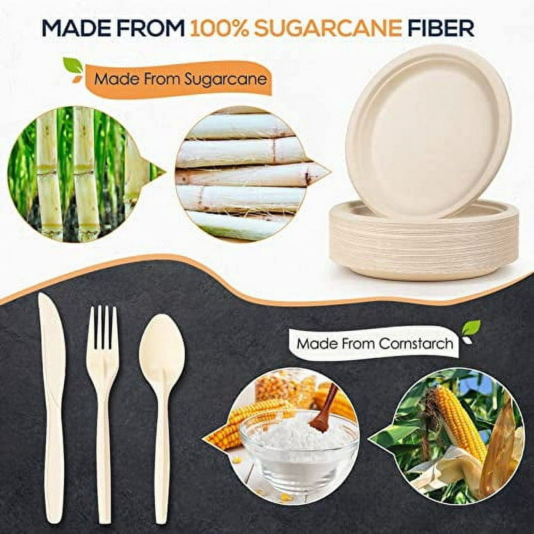 Heavy Duty Disposable Plates and Cutlery Set 180 Piece Compostable Paper  Plates 10 inch bulk include Biodegradable Plates 7&10 inch, Forks, Knive