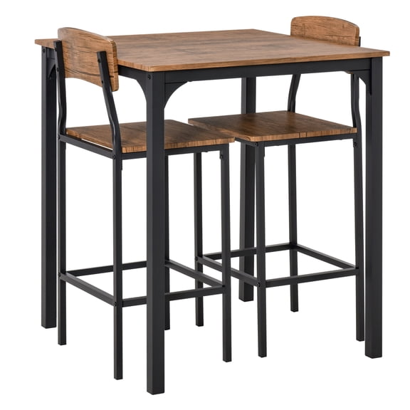 3 Piece Bar Table Set, Industrial Counter Height Dining Table Set, Bar Table & Chairs with Steel Legs & Footrests, Black