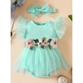 thumbnail image 2 of GXFC Infant Baby Girl Romper Dress Outfits Newborn Girls Fly Sleeve Rib Knit Flower Leaves Embroidery Jumpsuit One Piece Princess Skirt Dress Babysuit with Headband 0-18M, 2 of 9