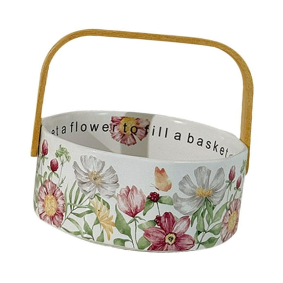 Lijie Ceramics Floral Fruit Basket for Kitchen Decor with Handle Retro Snacks Bowl for Flower