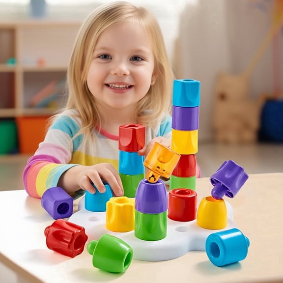 22pcs Kids' Stacking Toy Set,STEM Montessori Large Chunky Building Blocks with Pegs for Toddlers Ages 3 