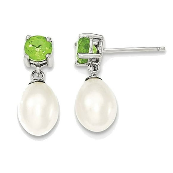 Sterling Silver Freshwater Cultured White Pearl 7-8mm Drop Earrings with Green Peridots