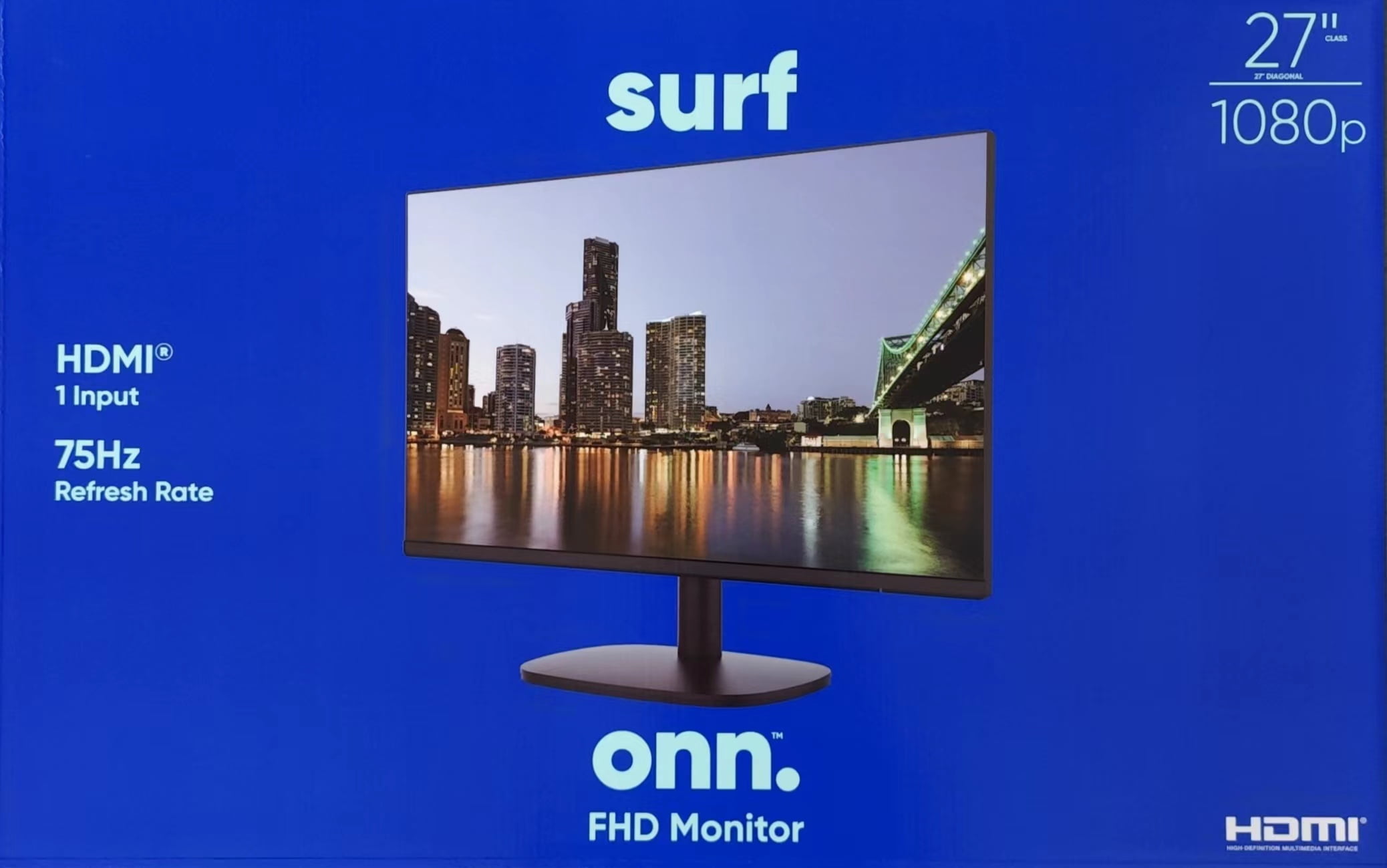 onn. 27" FHD (1920 x 1080p) 75hz Bezel-Less Office Monitor, Includes 6ft HDMI Cable, Black, New