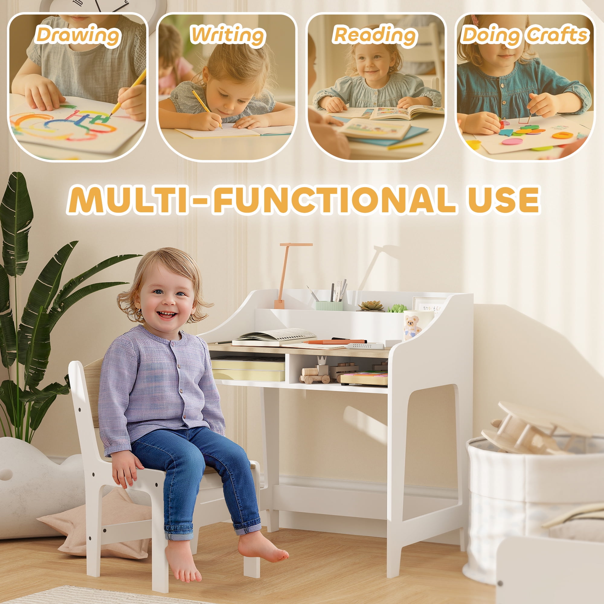 Qaba Kids Desk and Chair Set, Children Study Table with Storage Shelves, Student Writing Desk for Bedroom & Study Room, 3-8 Years Old, Natural Wood
