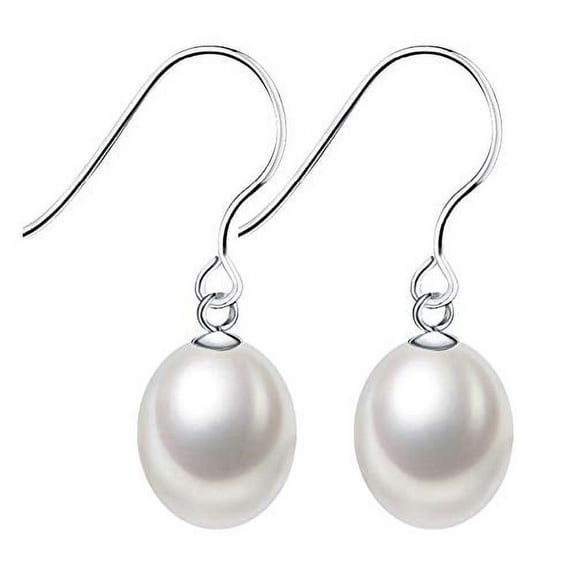 HXZZ Fine Jewelry for Women 925 Sterling Silver Dangle Drop Dangle Hook Earrings Freshwater Cultured White Pearl 9-10mm