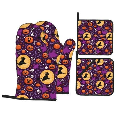 

Oven Mitts and Pot Holders Sets 4 pcs - halloween witch pumpkins Heat Resistant Silicone Oven Gloves with Non-Slip Silicone Surface and hot pads for kitchen Baking Cooking BBQ