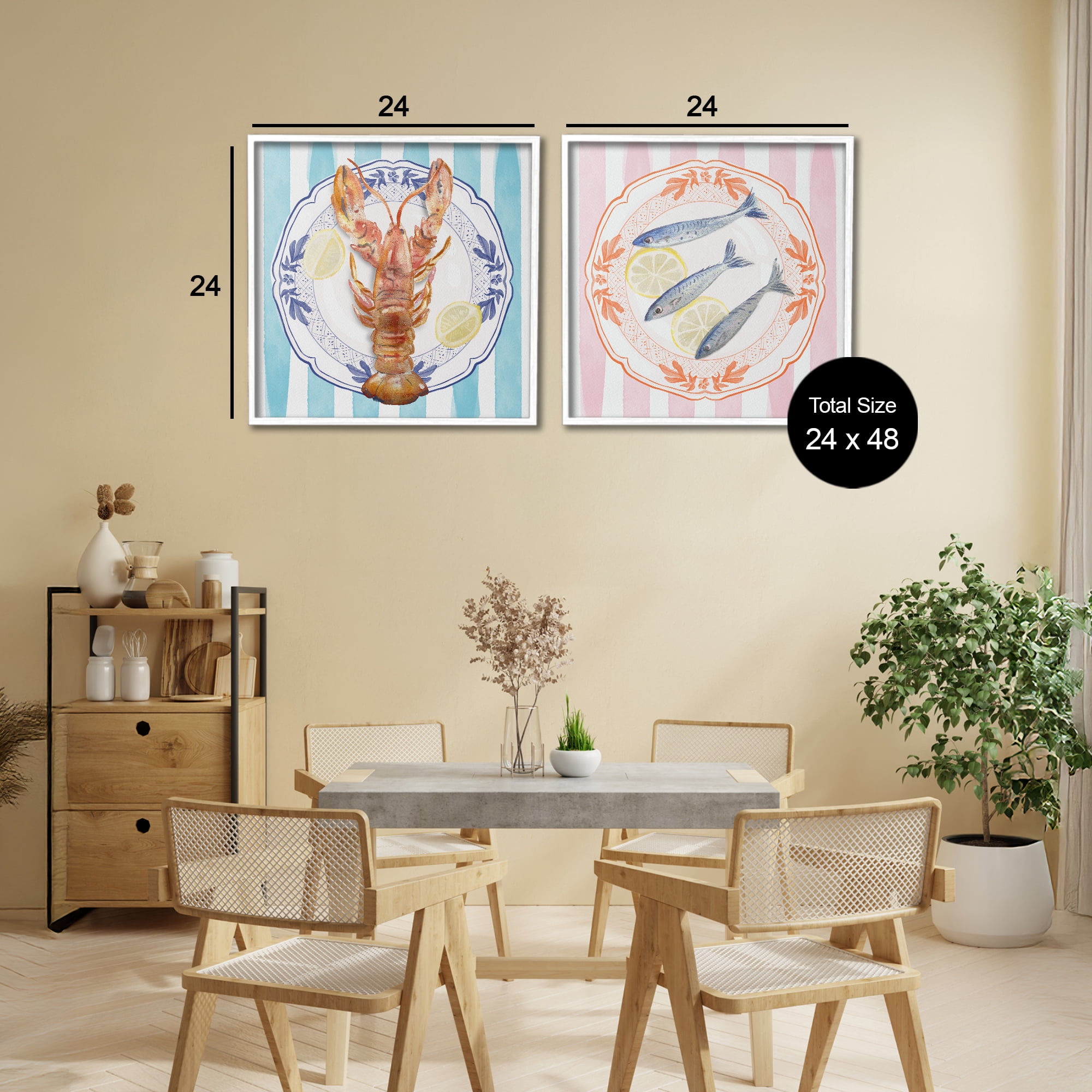 Stupell Industries Lobster & Sardines Plates 2 Piece White Framed Giclee Art Set, design by Christie Adams