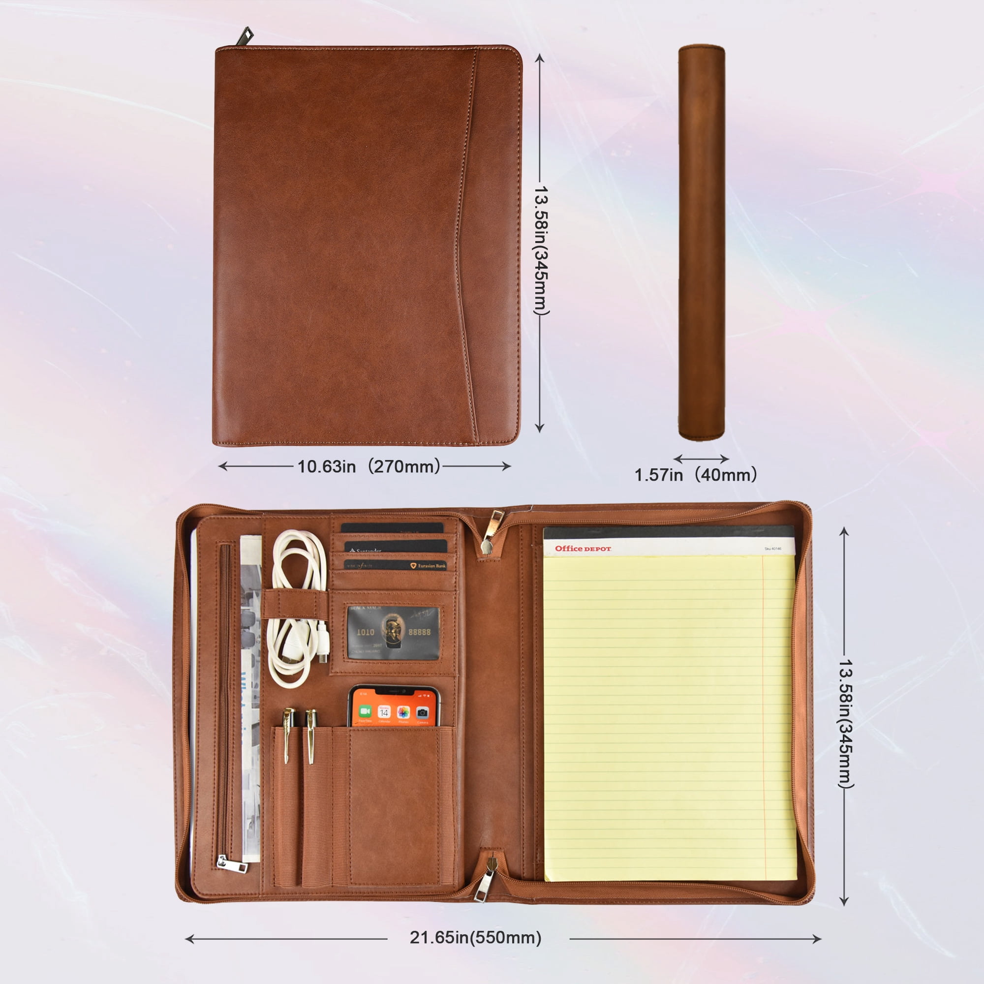 LeatherBelief Leather Padfolio Professional Business File Folder with A4 Letter Size Document Holder, Brown