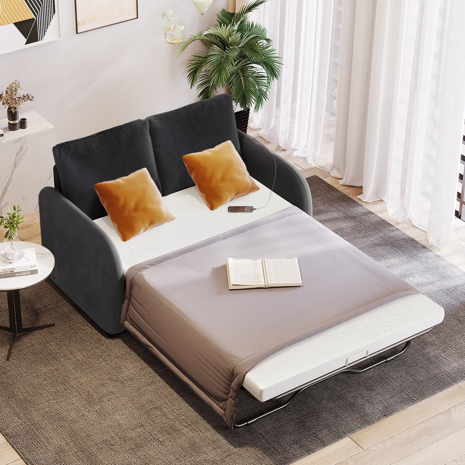 Kadyn Pull Out Sofa Bed, Loveseat Sleeper Sofa Bed with USB Charging Port and 3-pin Plug, Convertible Sofa Bed with Twin Size Mattress Pad, Black Kadyn Pull Out Sofa Bed, Loveseat Sleeper Sofa Bed with USB Charging Port and 3-pin Plug, Convertible Sofa Bed with Twin Size Mattress Pad, Black