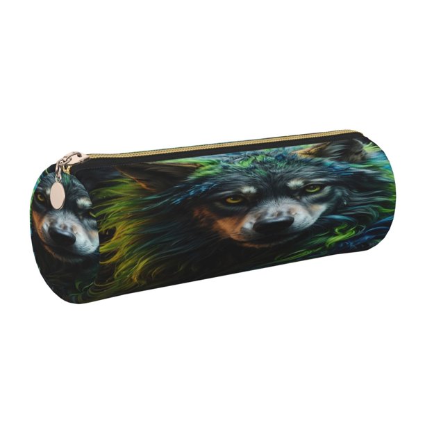 Disketp Realistic Style Colorful Wolf A Estuche Organizador de Lápices de Cuero, Estuche de Oficina con Cremallera para Bolígrafo y Lápiz