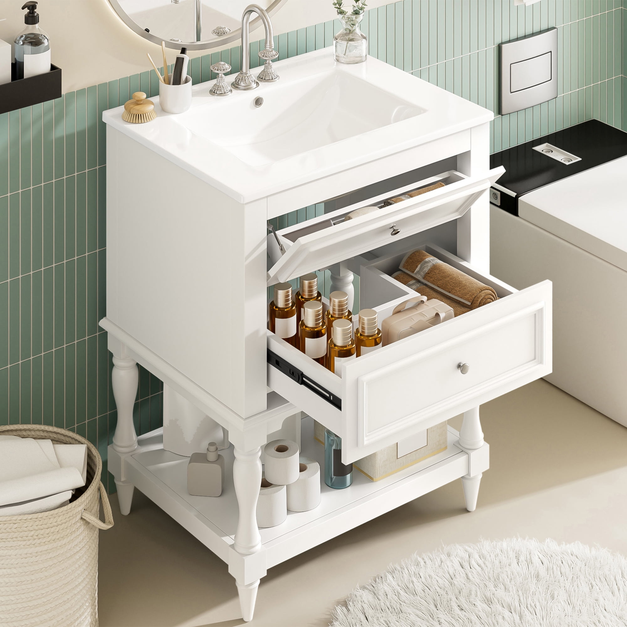 24" Bathroom Vanity with Ceramic Sink, Retro Design Storage Cabinet with 2 Drawers and Open Shelf, for Bathroom, White