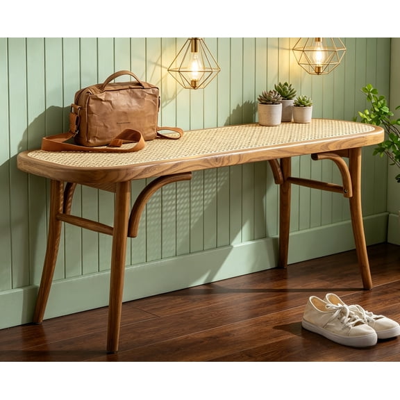 Upholstered Bench, Wicker Rattan Entryway Bench, Rustic Solid Wood, 45 Inch for Living Room, Bedroom, Hallway