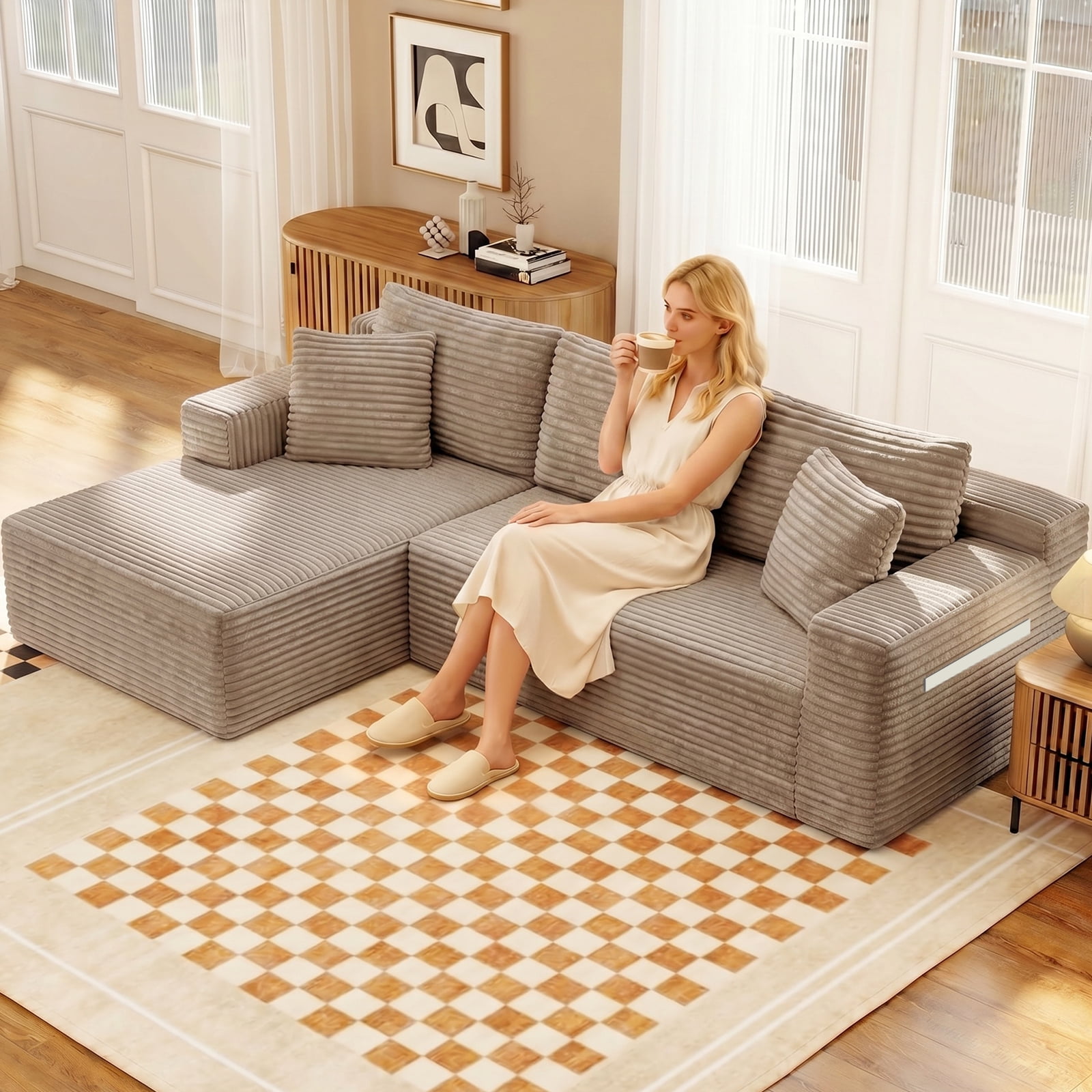 Aukfa 95" Cloud Sectional Couch, Modular L Shaped Boneless Sofa with Left Facing Chaise&2 Storage Pockets, Camel