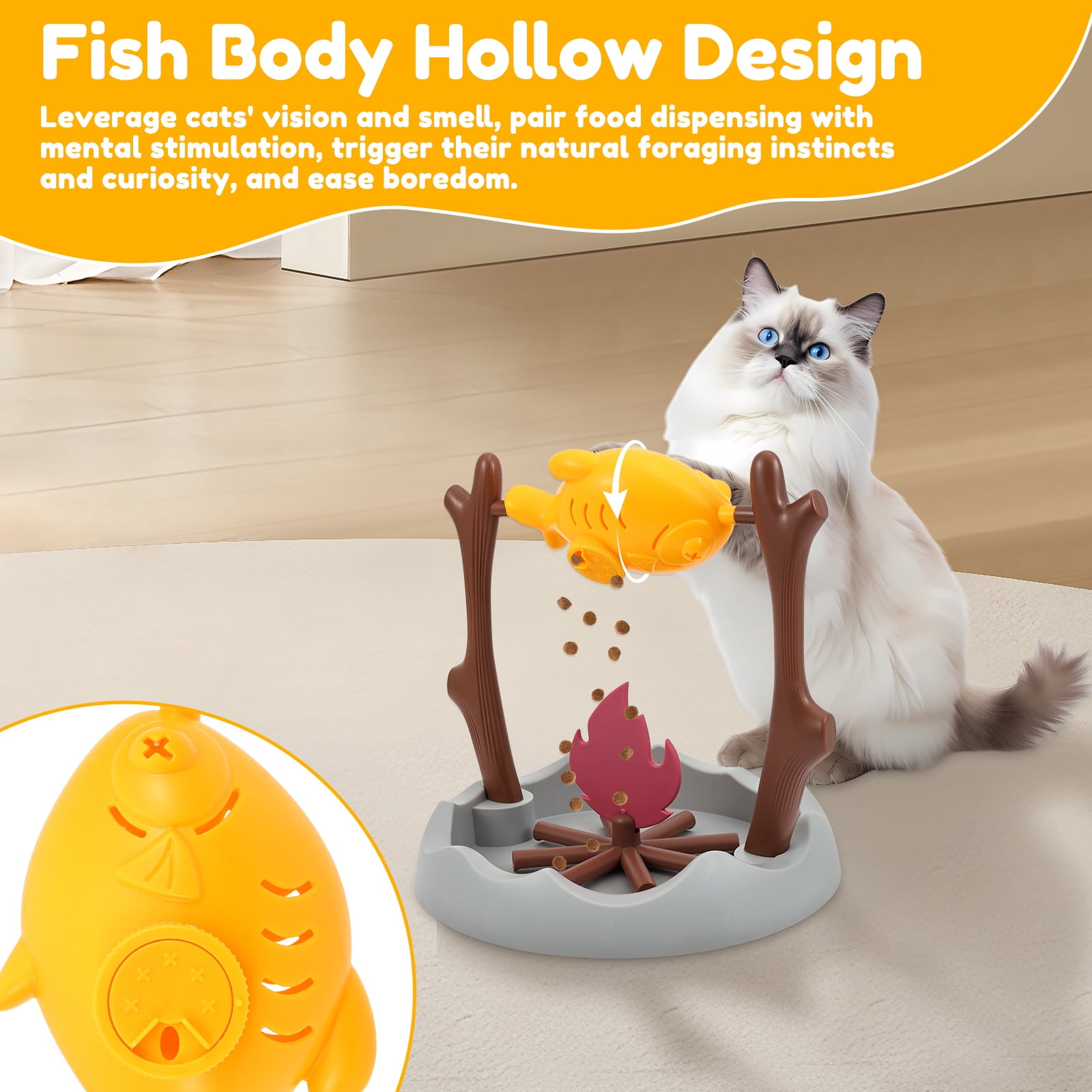 Austok Interactive Cat Treat Dispensing Toy Slow Feeder Bowl Unique Rotatable Fish and Flame Cognitive Training Game Enrichment Interactive Stimulation Toy Cat BBQ Fish Toy for Kitty