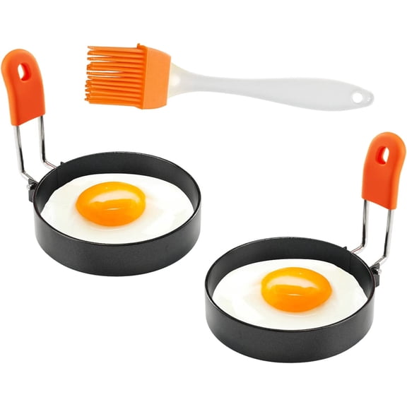 Nonstick Egg Rings 3.5 Inches 2 Packs for Frying Cooking Egg Molds Round Egg Circles with Anti-scald Handle Leakproof Egg Mould with Oil Brush, Egg Mcmuffins Maker