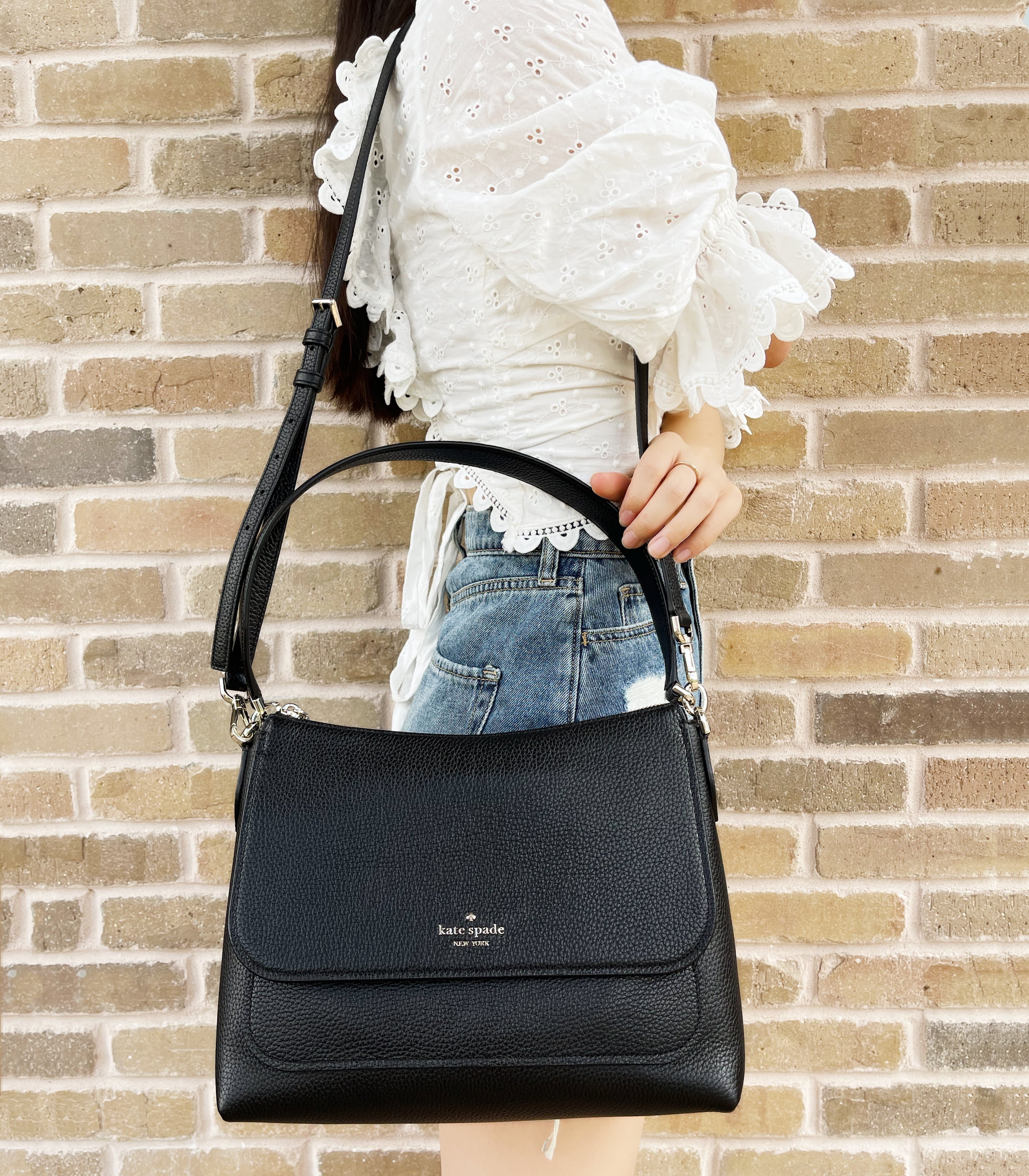 Kate Spade Melody Medium Shoulder Bag Crossbody Flap Bag Black Pebbled  Leather