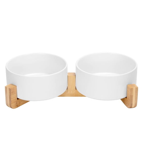 Spunkyjunky Cuenco De Cerámica Para Perros Y Gatos Con Soporte De Madera, Juego De Agua Y Comida Ponderada Con Esmalte Mate Antideslizante Para Gatos, Perros Medianos, 28,7 Onzas