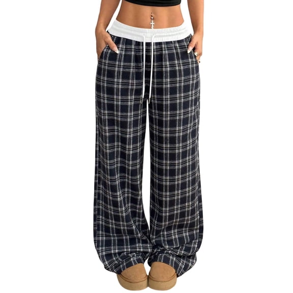 Women's Casual Gingham Pants Plaid Print Wide Leg Trousers Elastic Pajama Lounge Pants Sleepwear Blue L