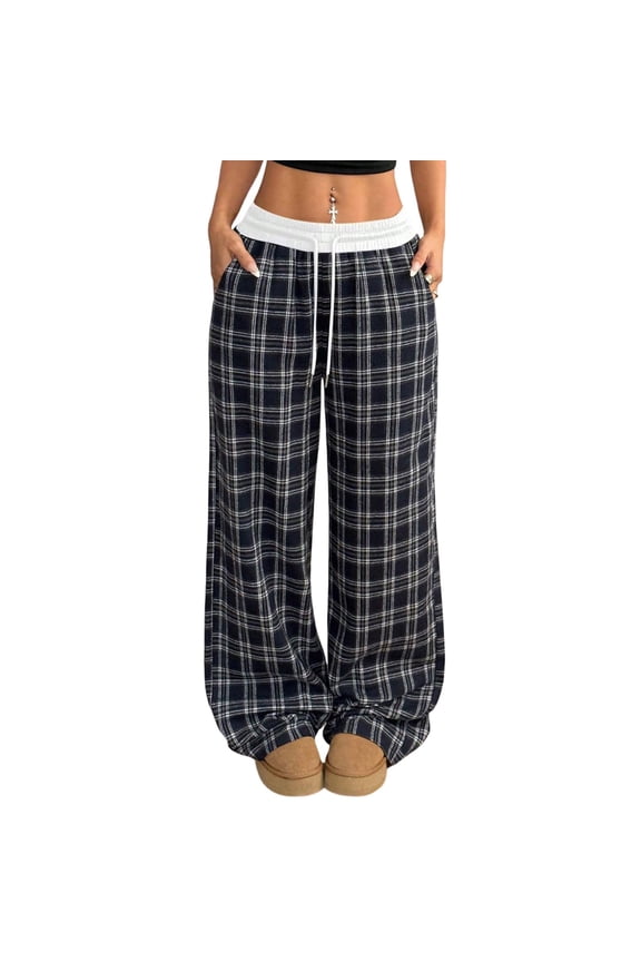 Women's Casual Gingham Pants Plaid Print Wide Leg Trousers Elastic Pajama Lounge Pants Sleepwear Blue 2XL
