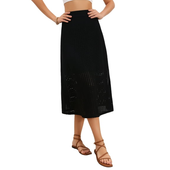 Summer Eyelet Skirt for Women High Waist A-Line Flowy Boho Beach Midi Skirt XS Black