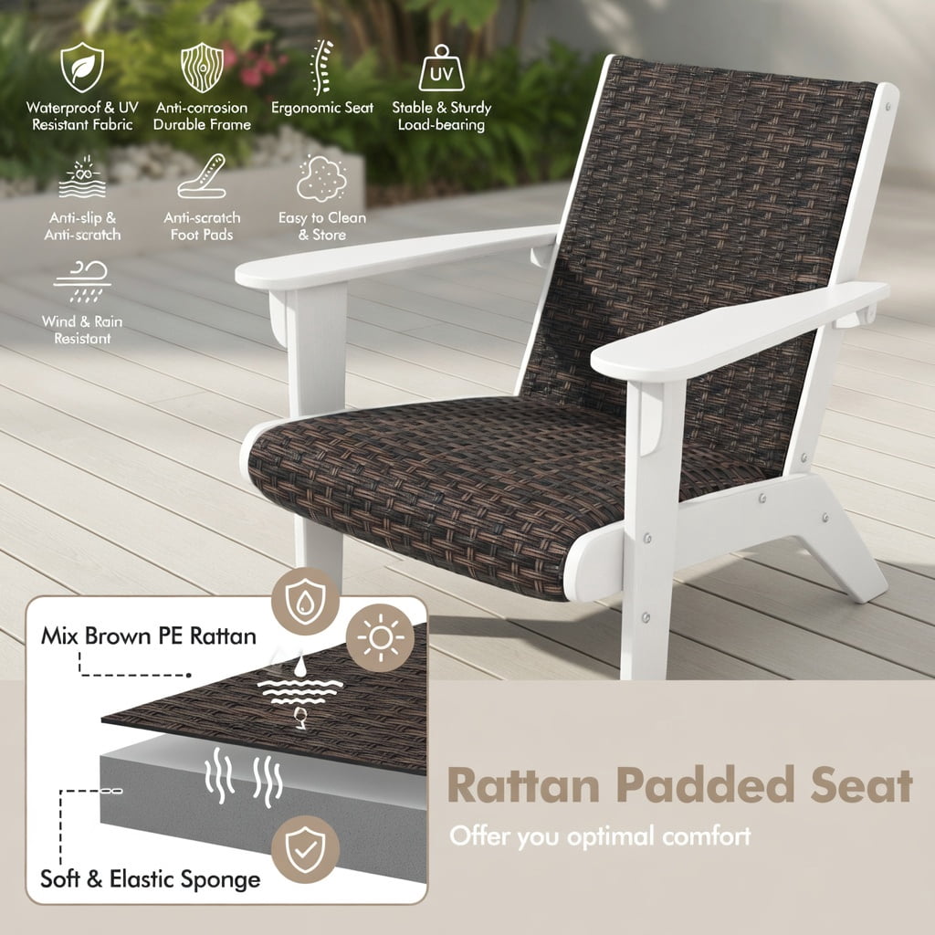 Demi Bonn Outdoor Adirondack Chair with Rattan Padded Seat and Hidden Cupholder, Fire Pit Lounge Chairs for Yard, Garden, Patio, White