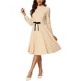 thumbnail image 4 of INSPIRE CHIC Women's Wear to Work Elegant Mock Neck Long Sleeve Self Tie Waist Knit Midi Dress XS Apricot, 4 of 6