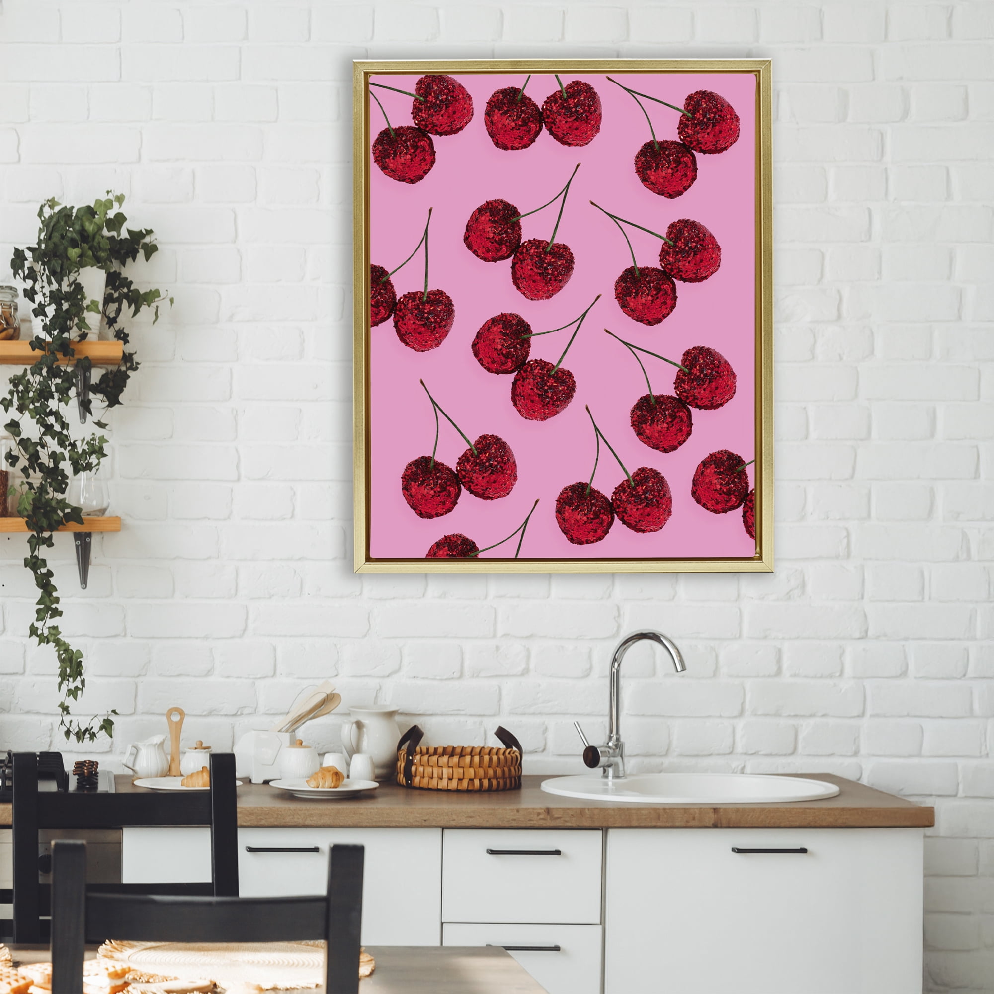 Stupell Industries Glitter Glam Cherries Pattern Gold Framed Floater Canvas Wall Art, design by LISH Creative