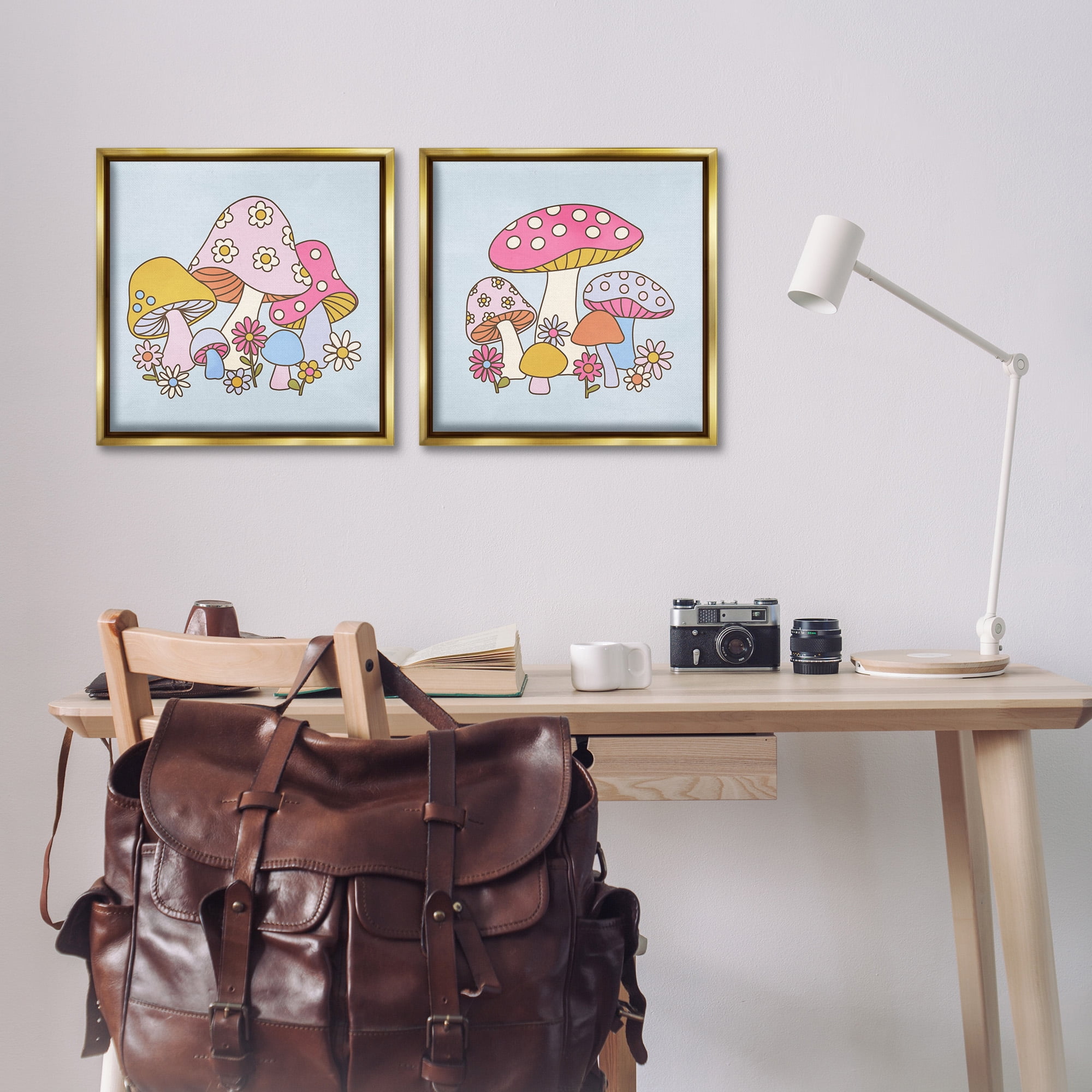 Stupell Industries Groovy Floral Mushrooms Botanical & Floral Painting Gold Floater Framed Canvas Art Print Wall Art, 18 x 18, Set of 2
