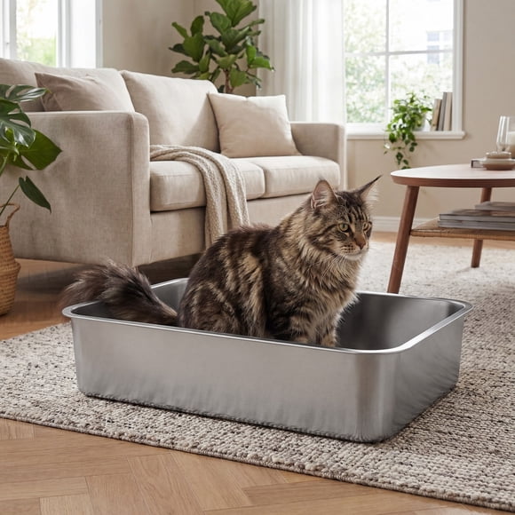 Feandrea Stainless Steel Cat Litter Box, Open Top Litter Tray with Scoop, Non-Stick, Odor-Free, Easy to Clean, XL, 60 x 40 x 15 cm for Large Cats UPPT019E101