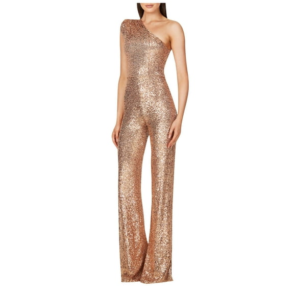Zpanxa Solid Color Sequin Jumpsuit High Waisted Design Multi Style Neckline Options for Women Perfect for Resort Vacation and Evening Galas Rose Gold XL