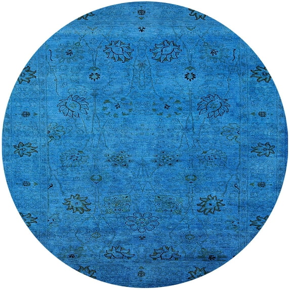 Ahgly Company Indoor Round Mid-Century Modern Deep SkyBlue Oriental Area Rugs, 4' Round