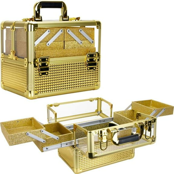 VER  Ice Cube Acrylic Armored 4-Tiers Easy-Slide Trays for Professional Cosmetic Makeup Case with Brush Holder, Gold