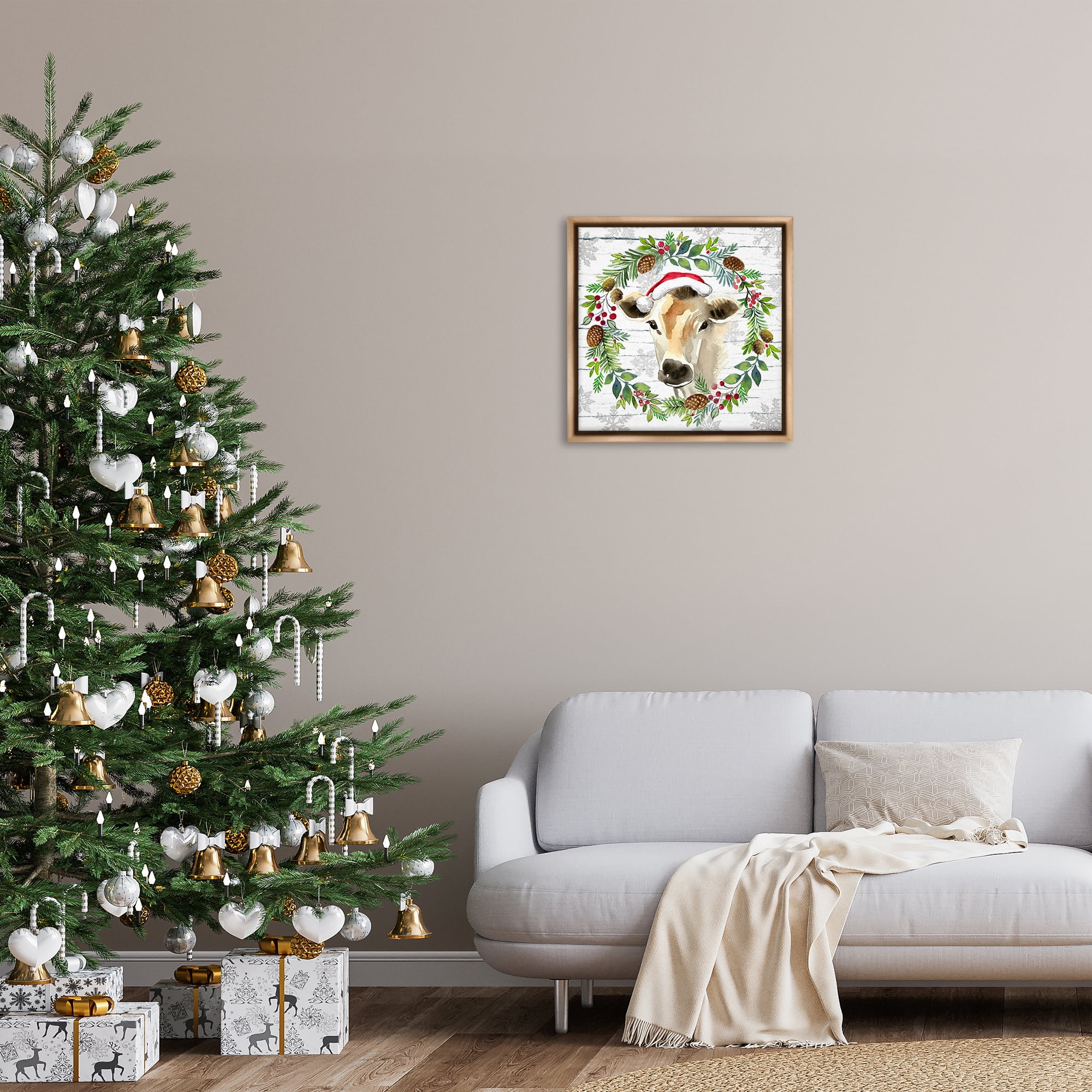 Stupell Industries Winter Farmhouse Cow Wreath Holiday Painting Brown Floater Framed Canvas Art Print Wall Art, 25 x 25